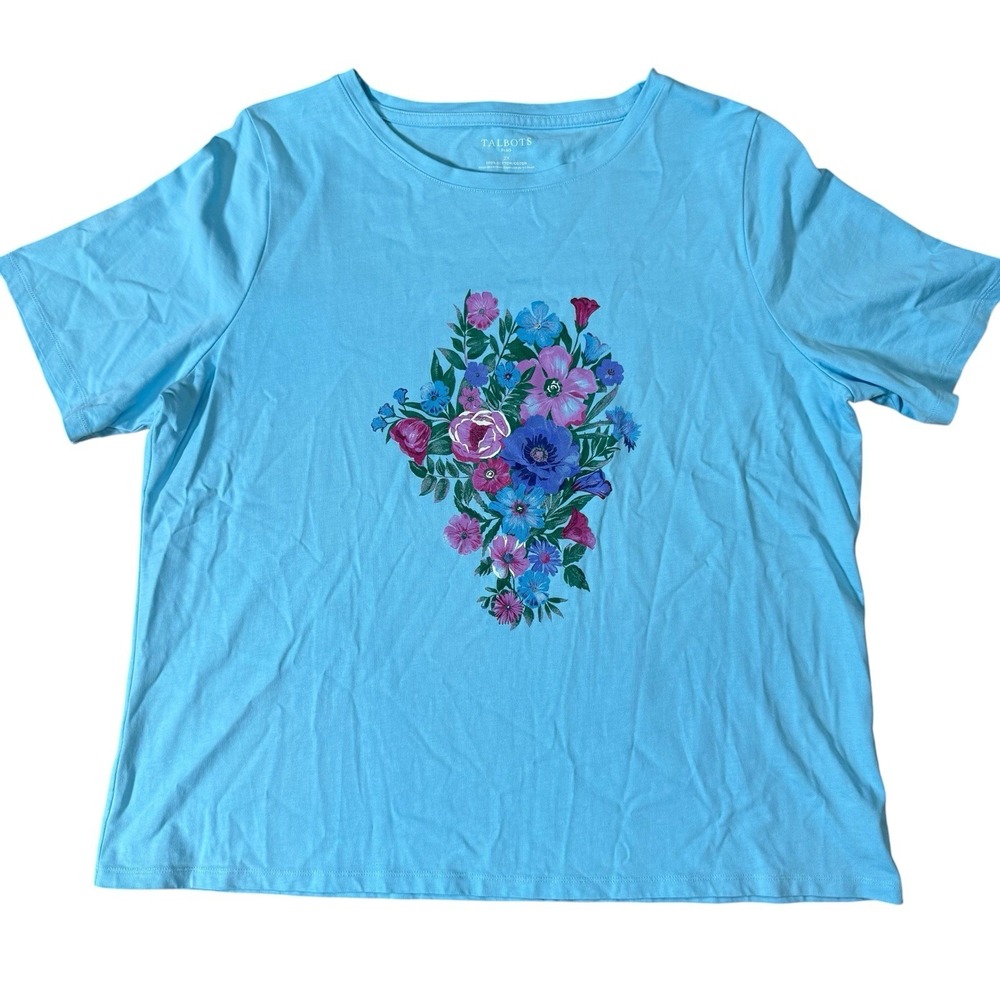 Talbots Crewneck Blue Floral Bouquet Graphic Soft Cotton Tee Shirt Size 2X